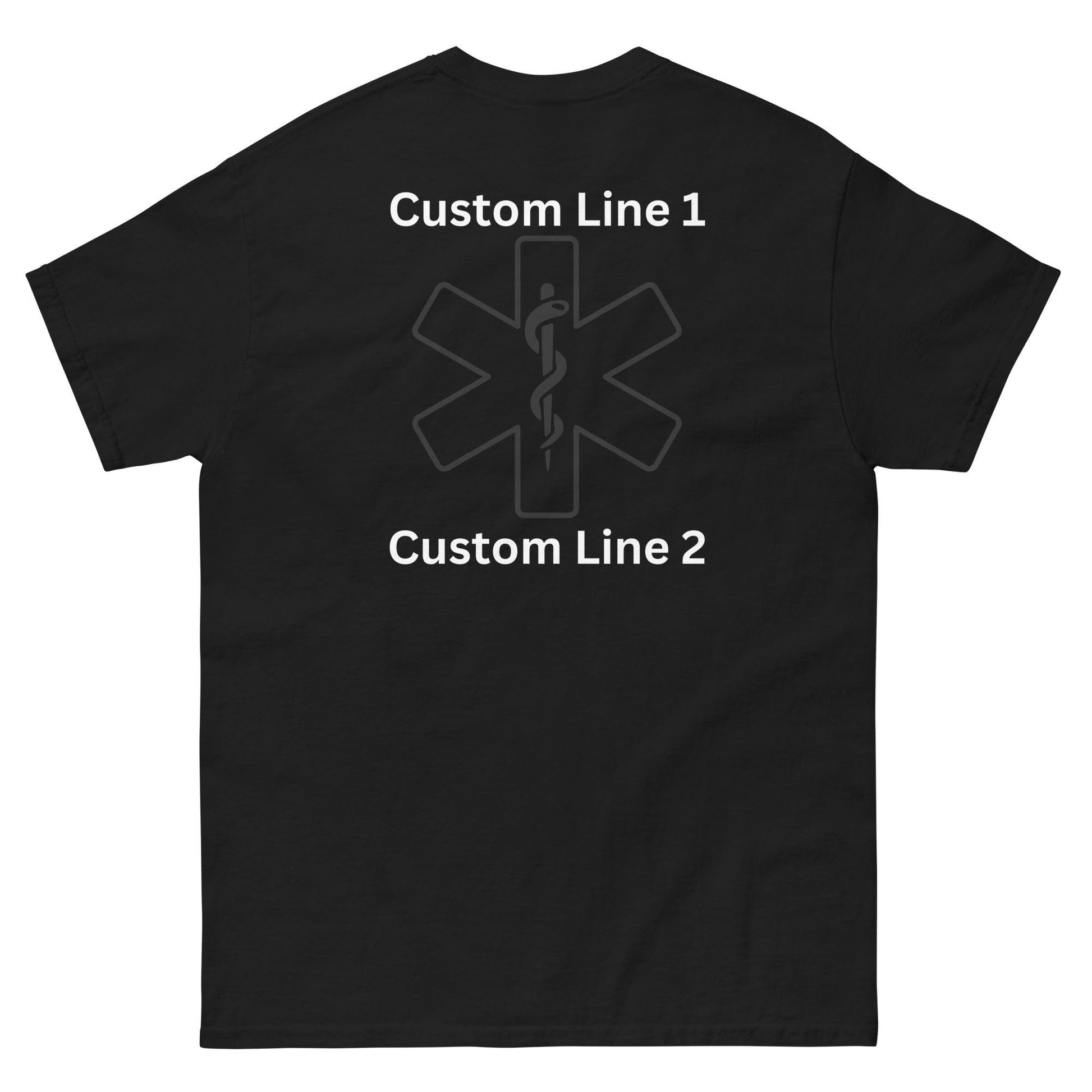 Customizable black classic tee featuring medical emblem on the back, ideal for firefighter and EMS apparel.