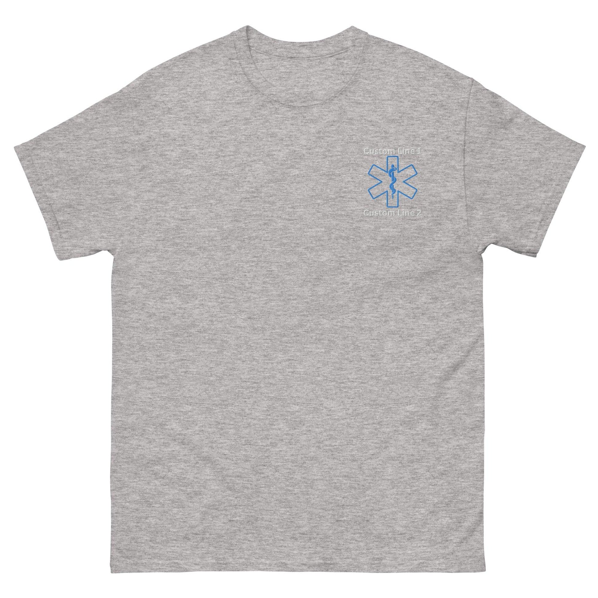 Unisex classic tee in Sport Grey featuring emergency medical services emblem, ideal for firefighter gifts and apparel.