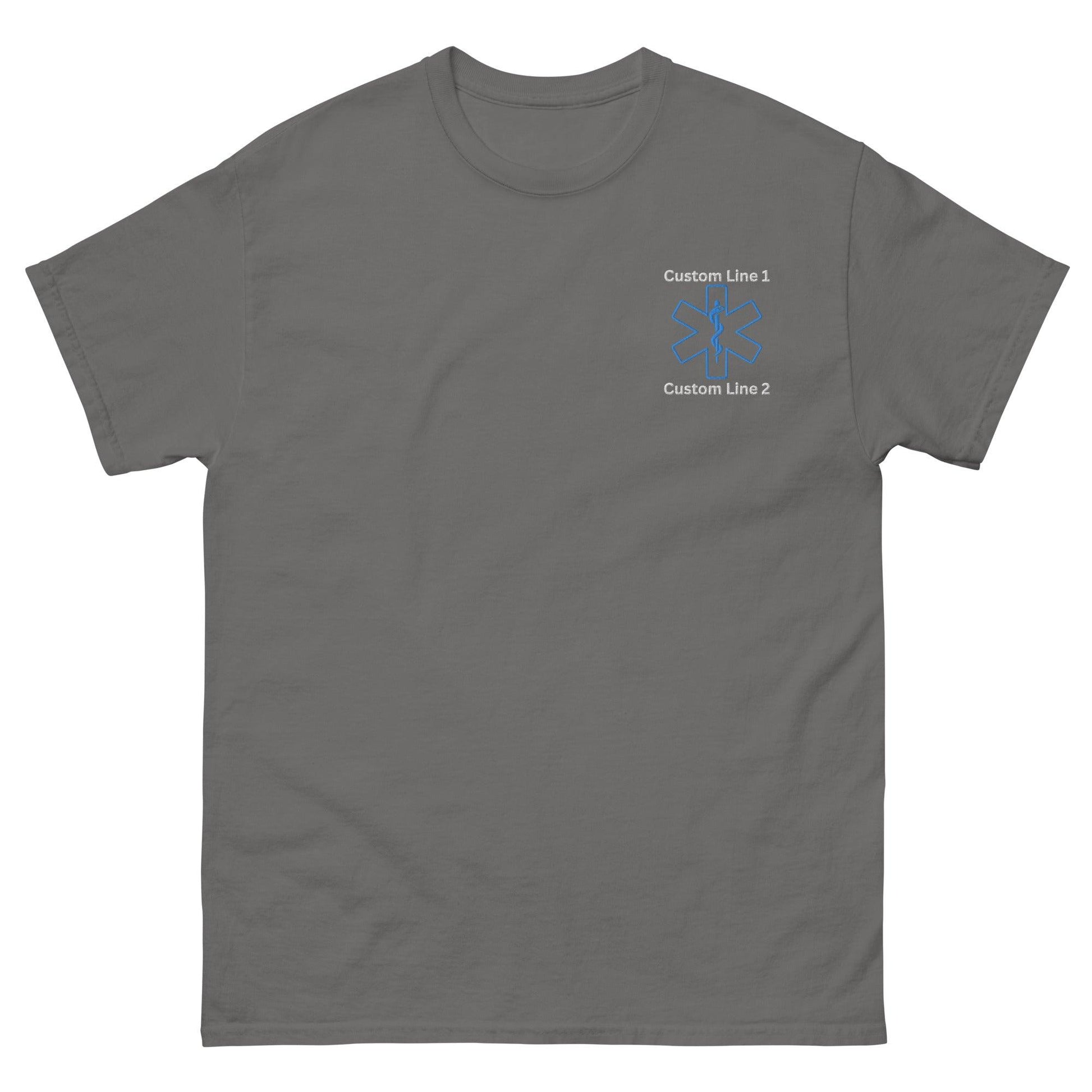 Unisex classic tee in dark grey featuring custom text and emblem, ideal for firefighters and firehouse gifts.