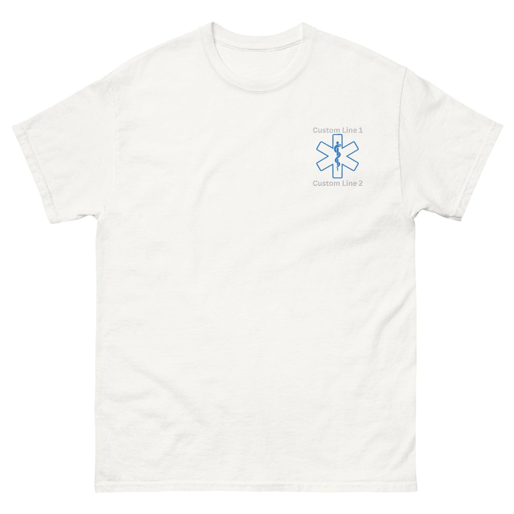 Unisex classic tee featuring an emergency medical symbol and custom text, perfect for firefighter apparel and gifts.