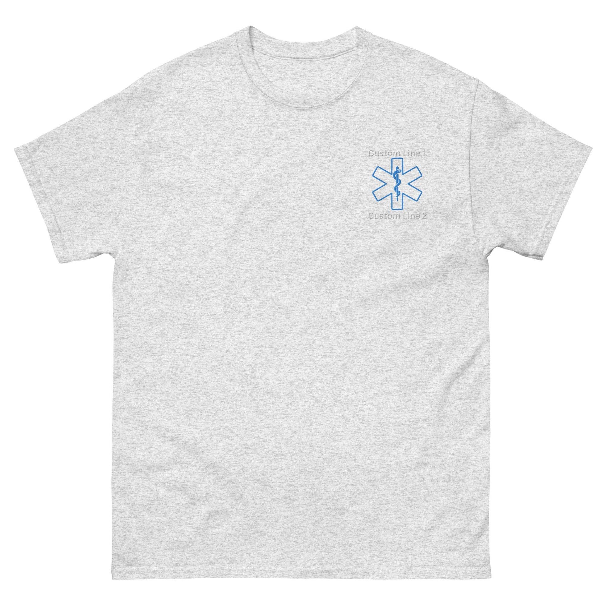 Unisex classic tee in Sport Grey featuring custom EMS design, ideal for firefighter apparel and gifts.