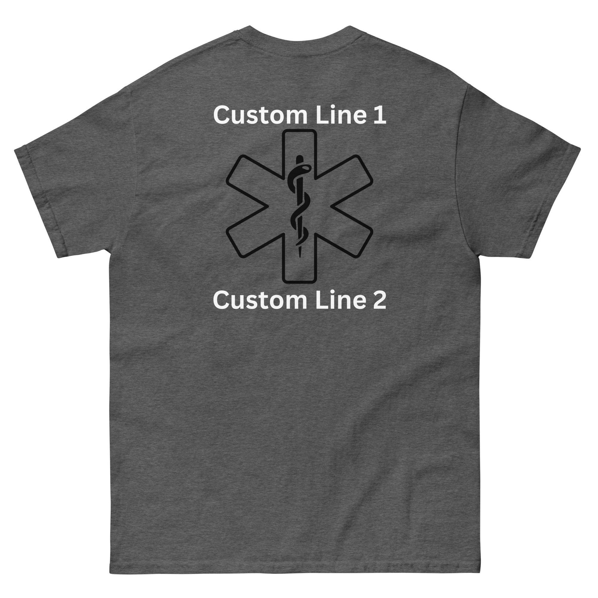 Customizable grey unisex tee featuring a medical emblem and text lines, perfect for healthcare professionals and gifts.