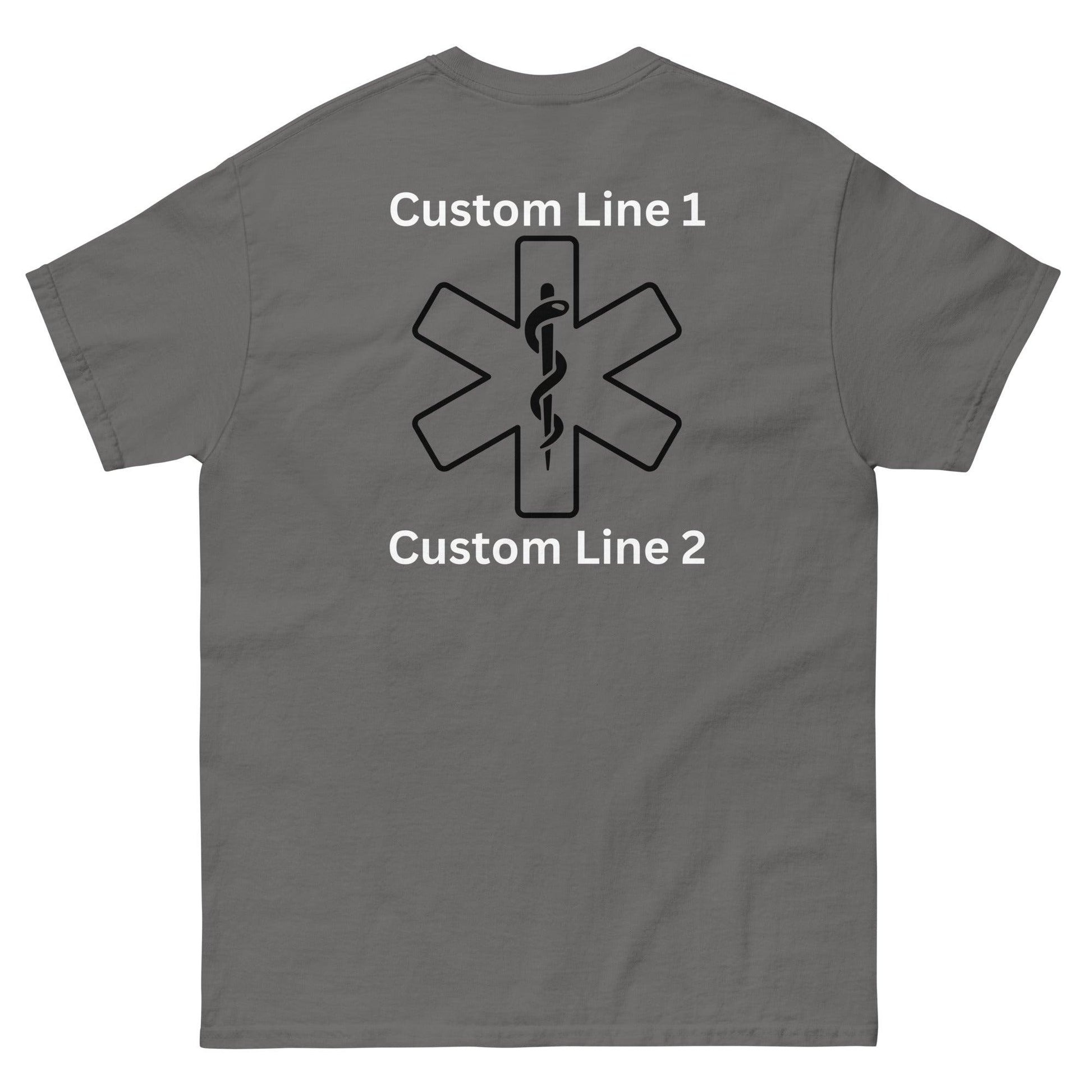 Unisex classic tee in Sport Grey with customizable text and medical symbol design on the back, perfect for firefighter apparel.