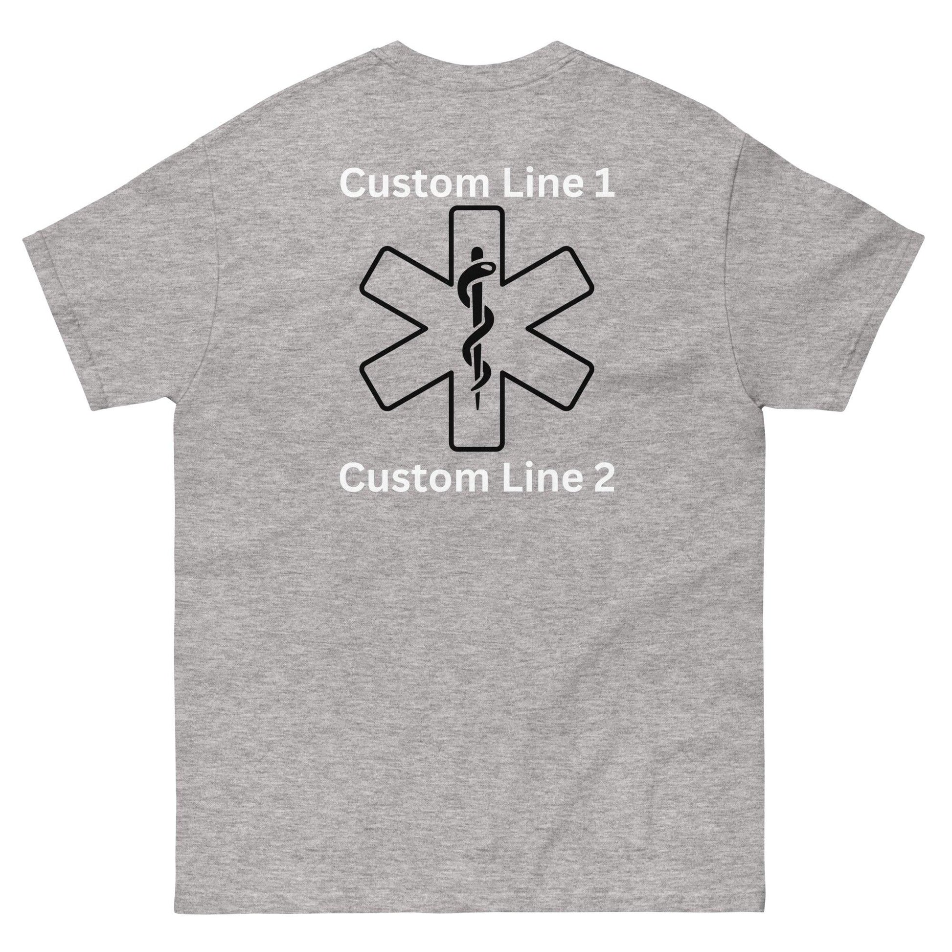 Unisex classic tee in sport grey with custom text and medical symbol on the back, perfect for paramedics and emergency services.