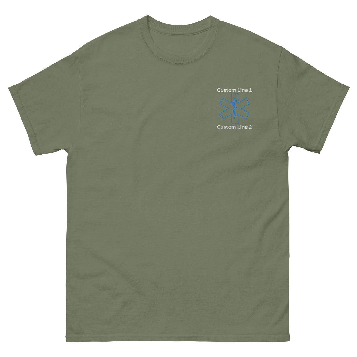 Olive green unisex classic tee with custom EMS design, perfect for firefighter apparel and gifts.