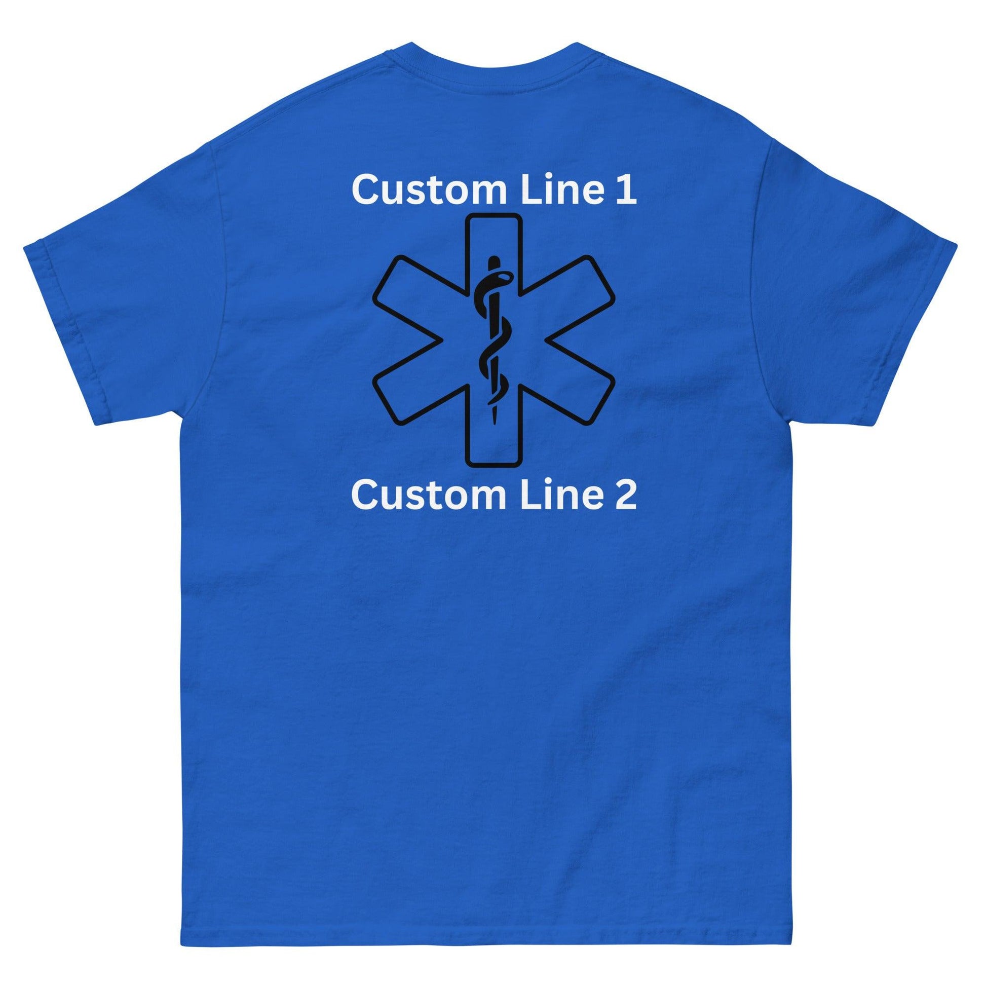 Customizable blue t-shirt with EMS symbol and text for personalized firefighter apparel. Perfect for firehouse gifts.