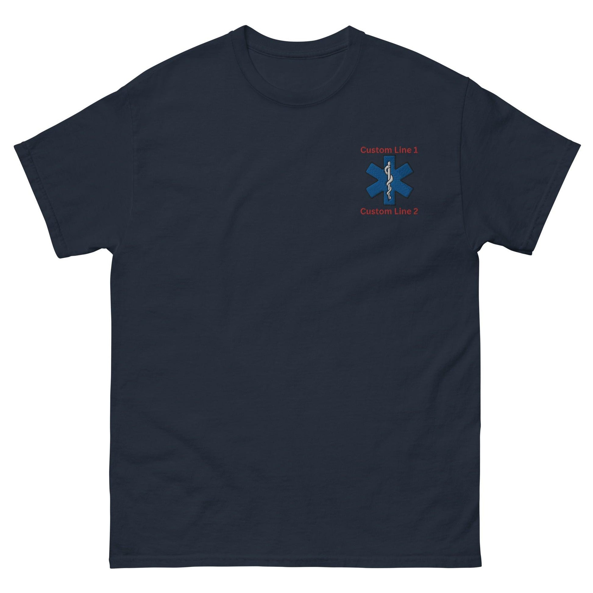 Unisex classic tee in navy with custom design, perfect for firefighter apparel and gifts.