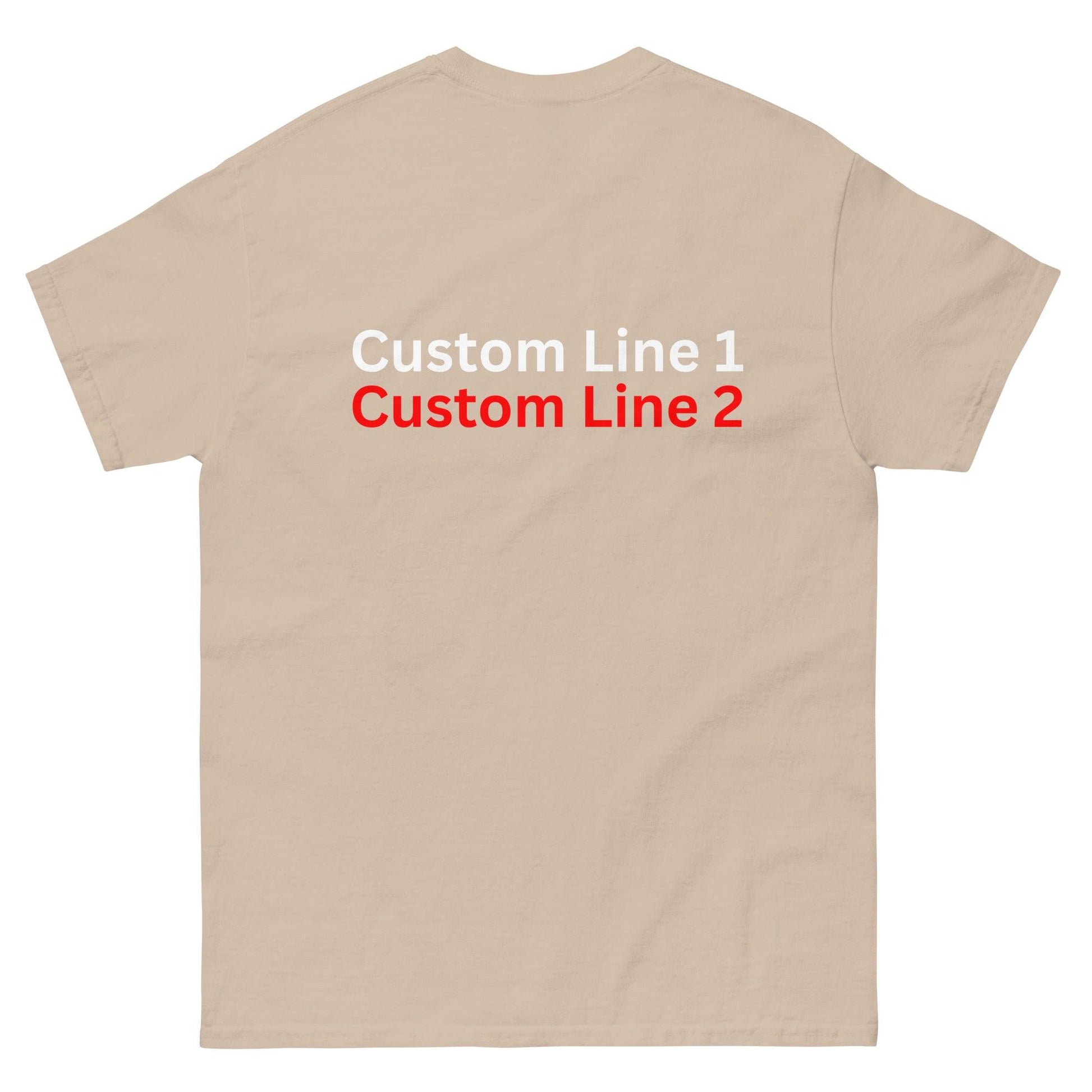 Unisex classic tee in beige with customizable text on the back, ideal for firefighter gifts and apparel.