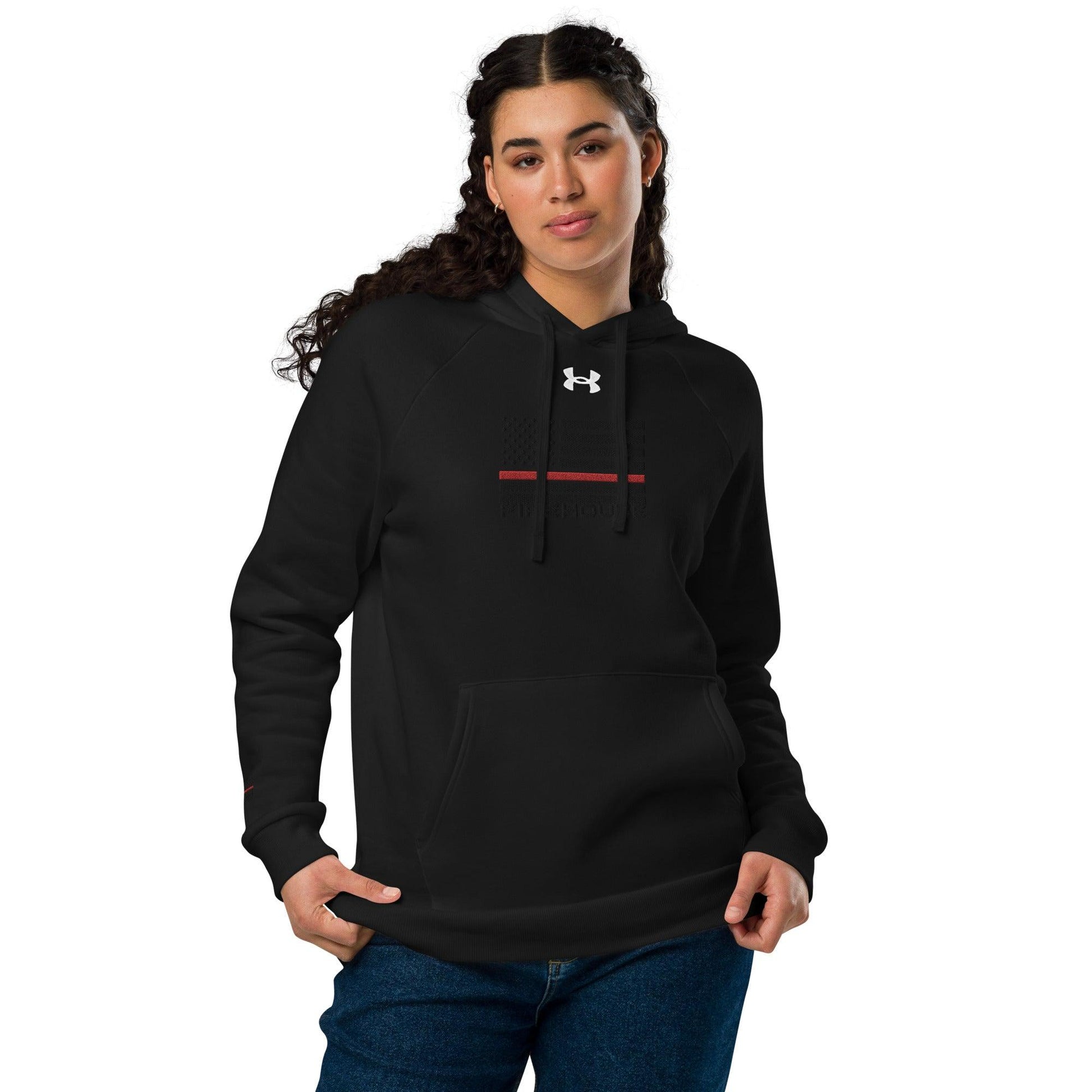 Firehouse branded embroidered hoodie worn by a woman, perfect firefighter apparel for on-duty and off-duty activities.