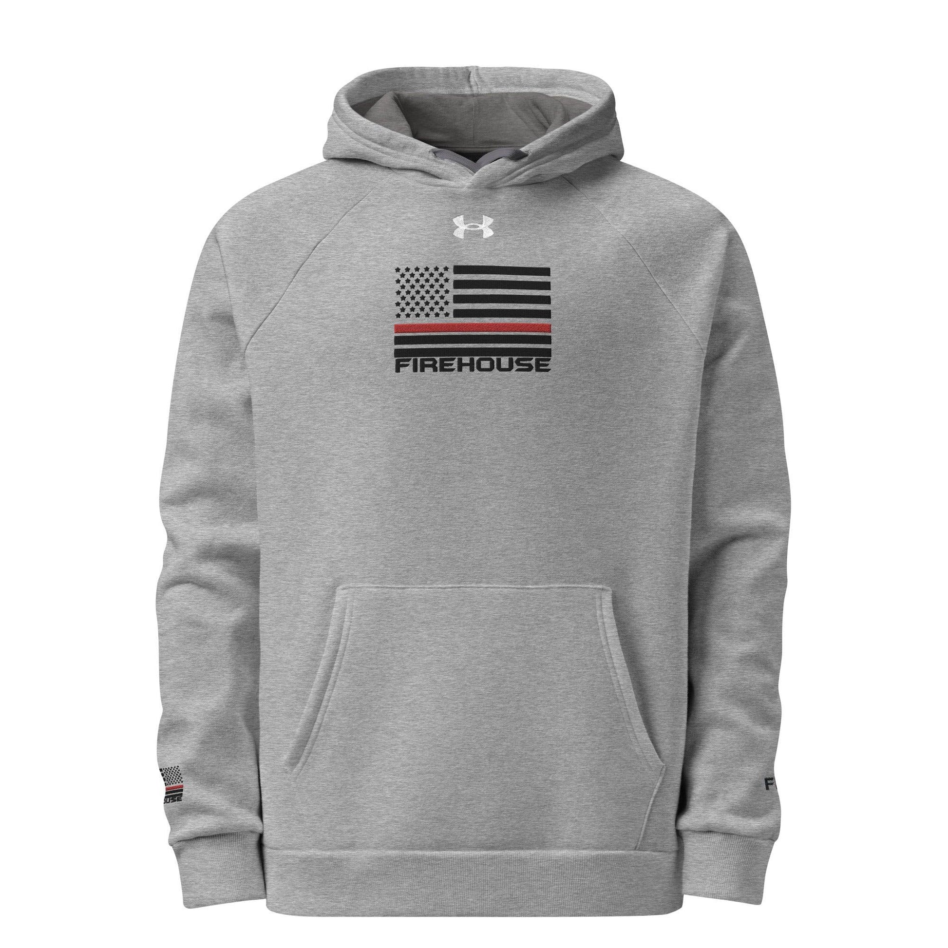 Firehouse branded embroidered hoodie featuring American flag design, ideal firefighter apparel for warmth and style.