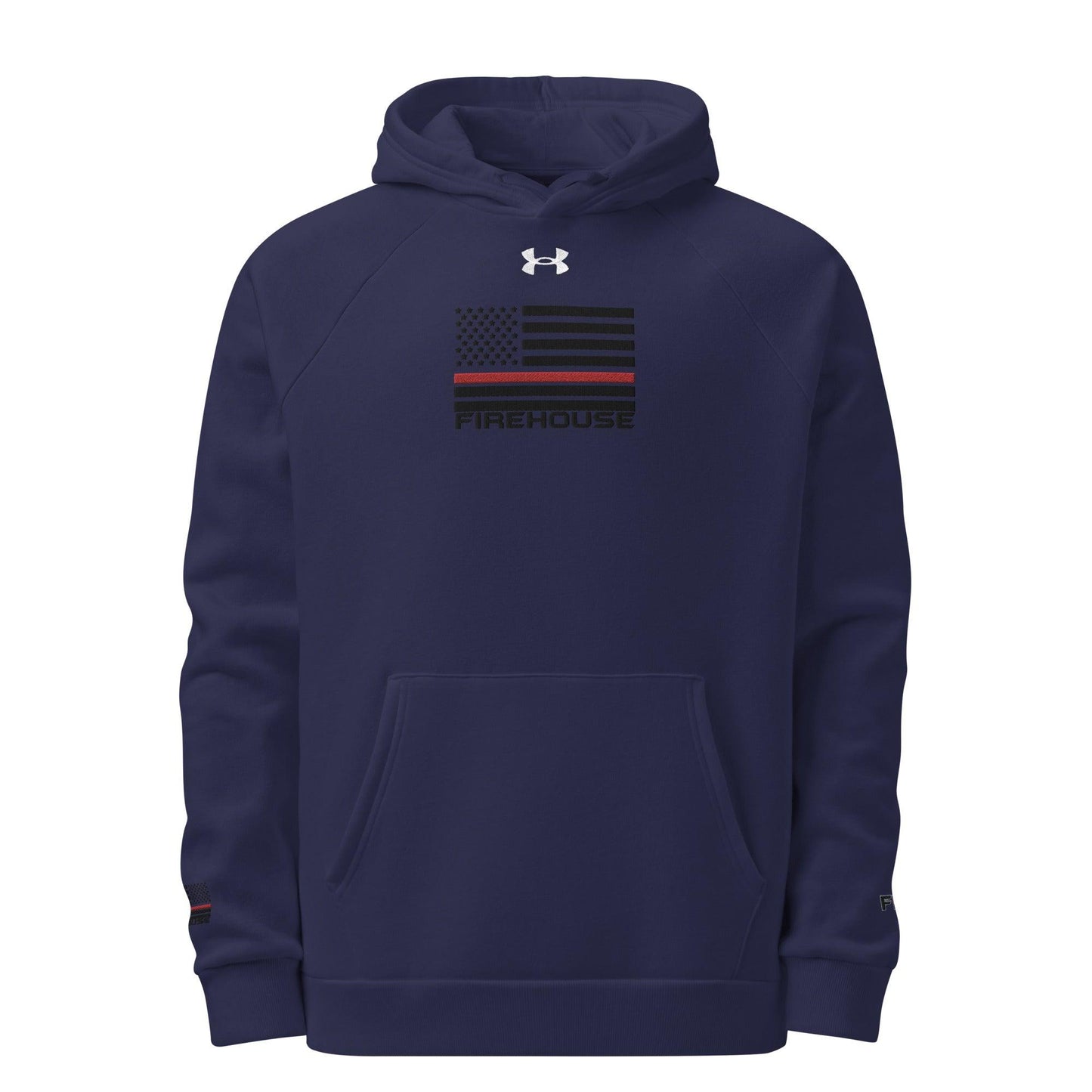 Firehouse branded embroidered navy hoodie for firefighters with flag design and cozy construction.