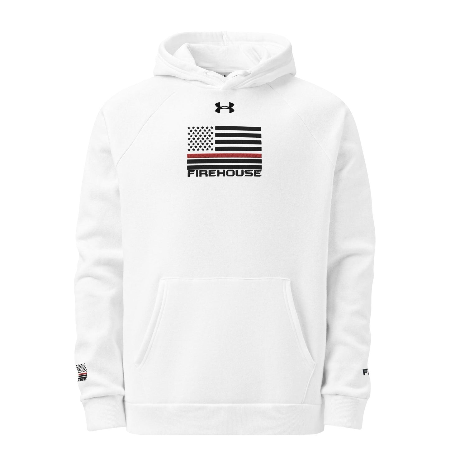 Firehouse branded white embroidered hoodie for firefighters, featuring an American flag design and comfortable fit.