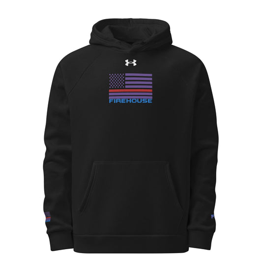 Firehouse premium black hoodie with embroidered American flag design, perfect firefighter apparel and gear.