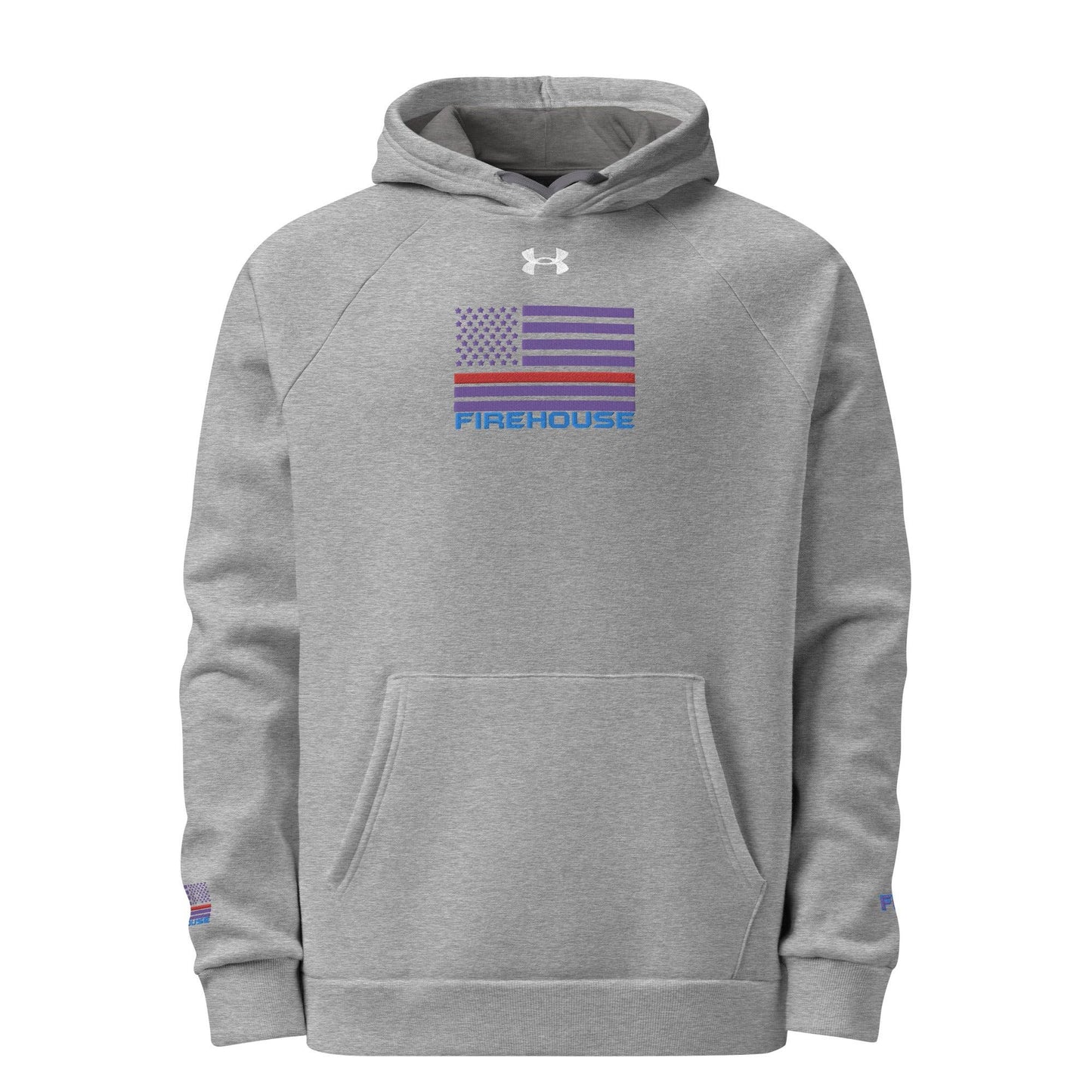 Grey Under Armour hoodie with American flag design, featuring 'FIREHOUSE' logo, ideal firefighter apparel.