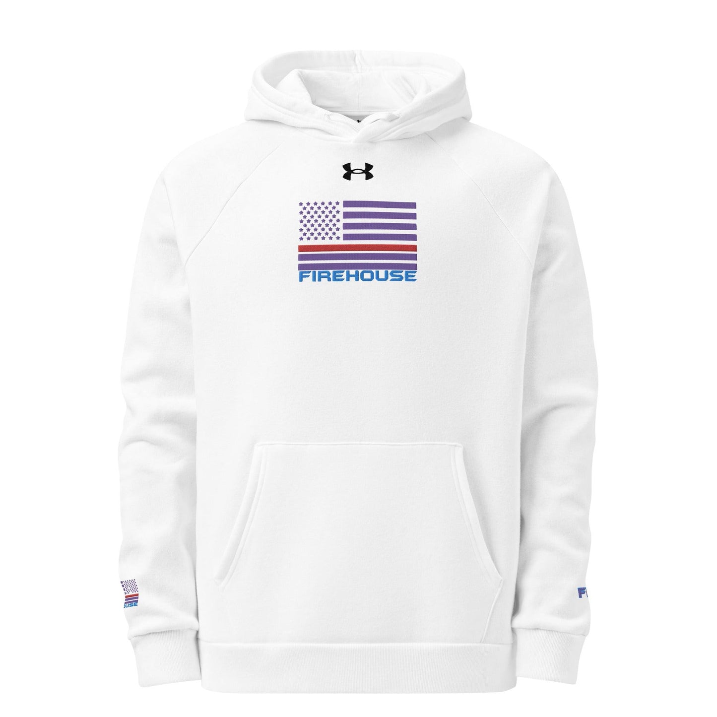 Under Armour white hoodie with Firehouse logo and American flag for firefighters, ideal firefighter apparel and gifts.