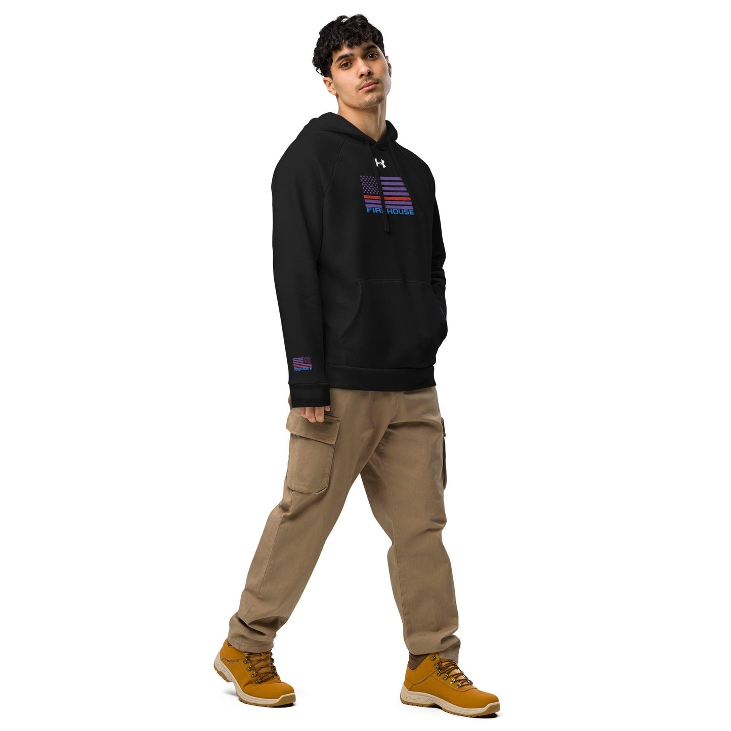 Black Under Armour hoodie with embroidered purple Maltese cross, perfect firefighter apparel for comfort and style.