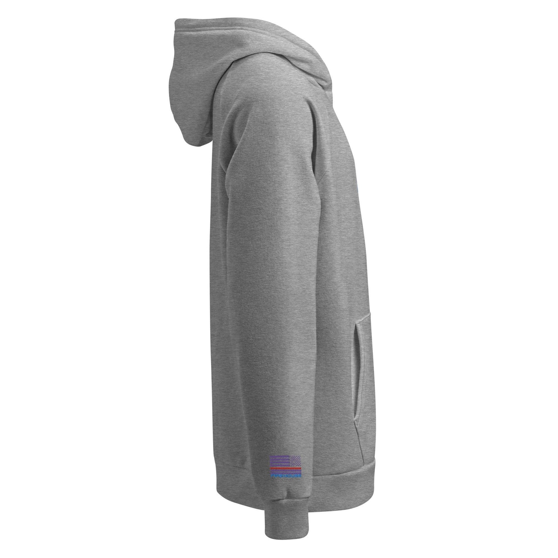 Side view of a gray Firehouse Premium Hoodie with purple Maltese cross logo, perfect for firefighter apparel and gifts.