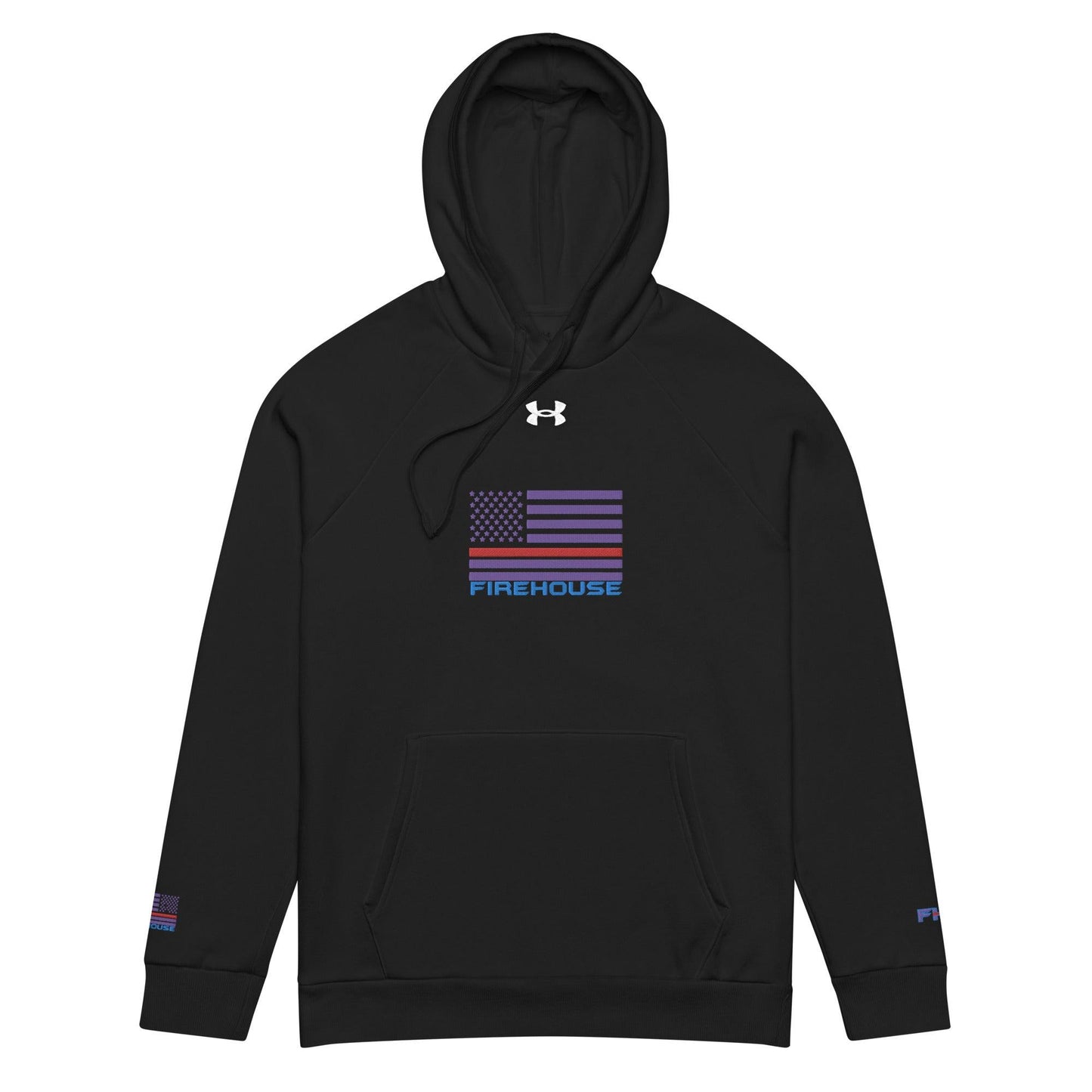 Firehouse Premium Black Hoodie featuring embroidered American flag, ideal firefighter apparel and gifts for firehouse enthusiasts.