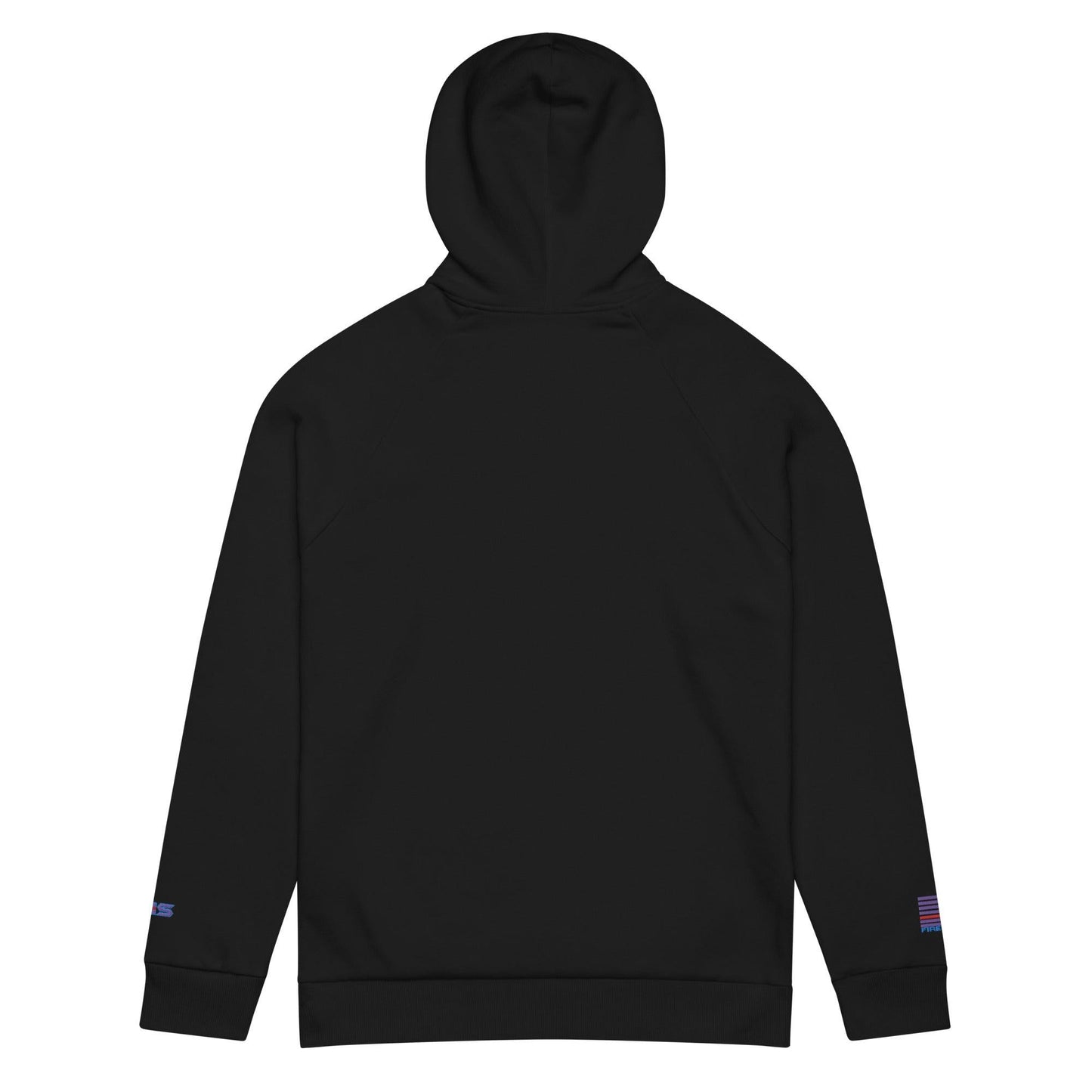 Black hoodie with hood, featuring patriotic design on sleeves, ideal for firefighters and firehouse apparel.