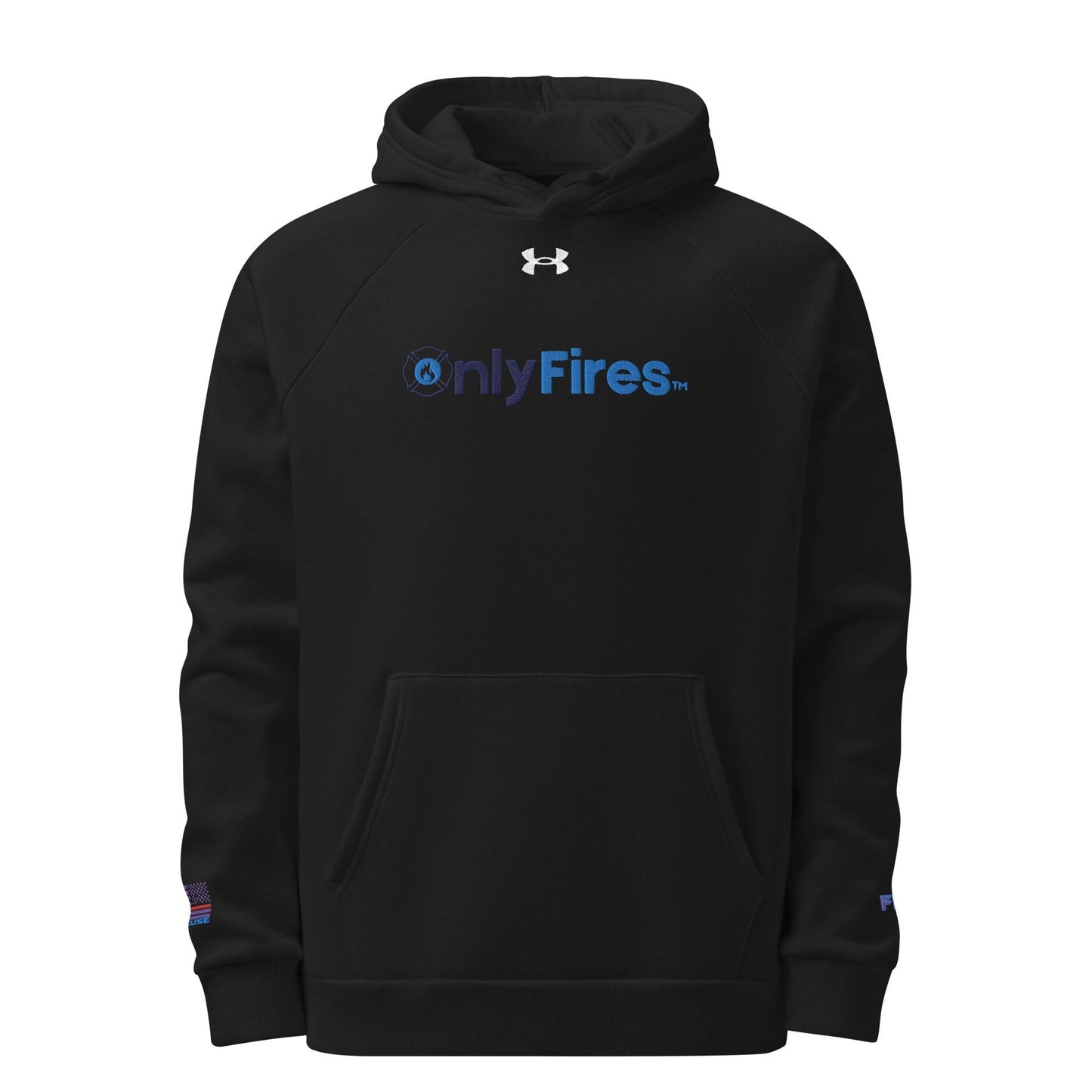 Black Under Armour® hoodie with "onlyFires" logo, ideal for firefighter apparel and casual wear.