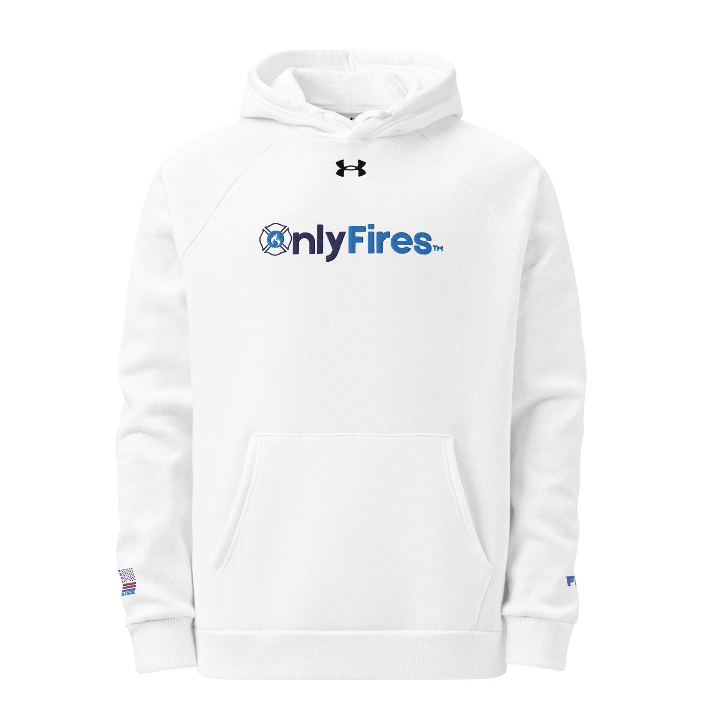 White Under Armour® hoodie featuring "Only Fires" logo, ideal for firefighter apparel and gifts, with front pouch pocket.