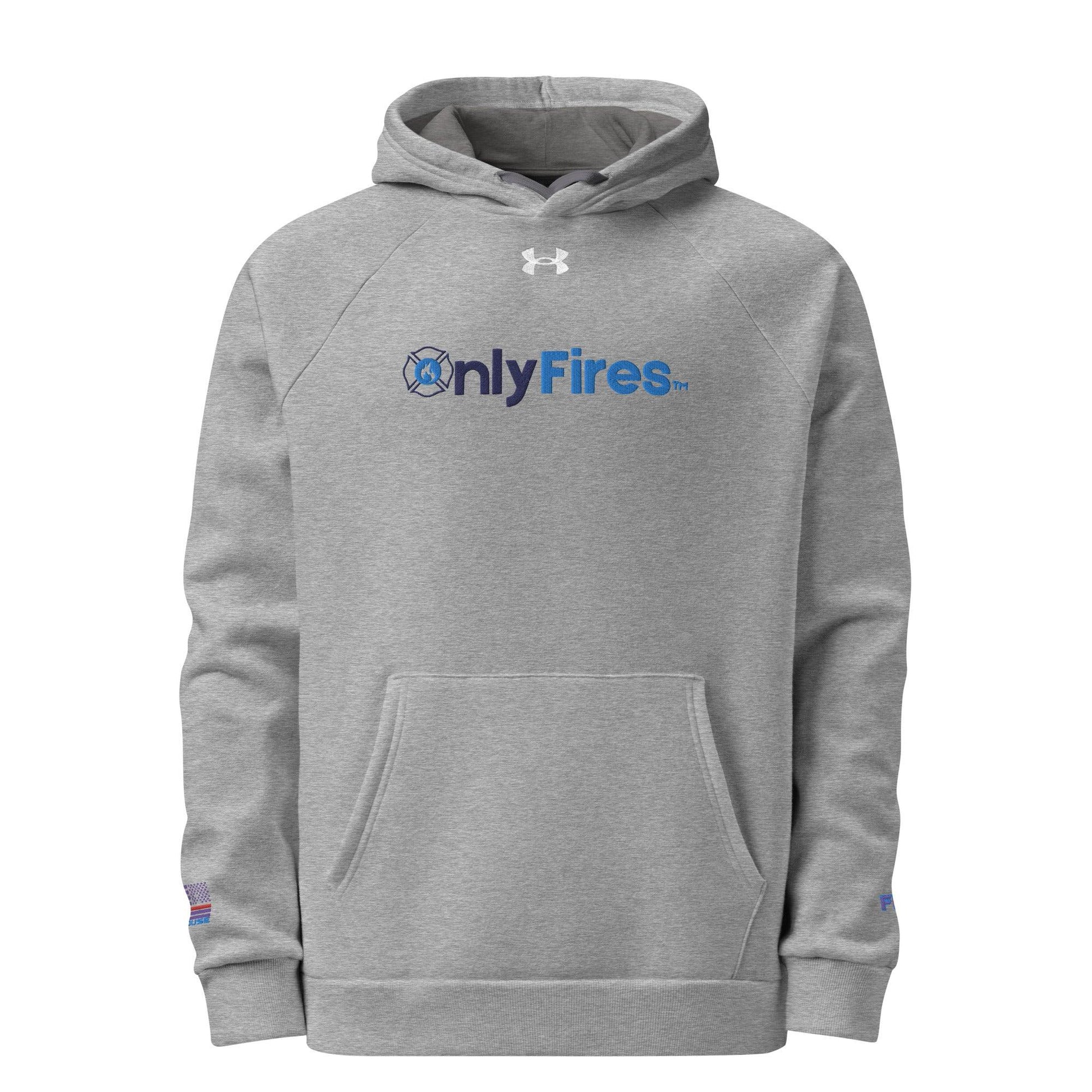 Gray Under Armour® hoodie with "OnlyFires" logo, perfect for firefighter gear and gifts, featuring a front pocket and relaxed fit.