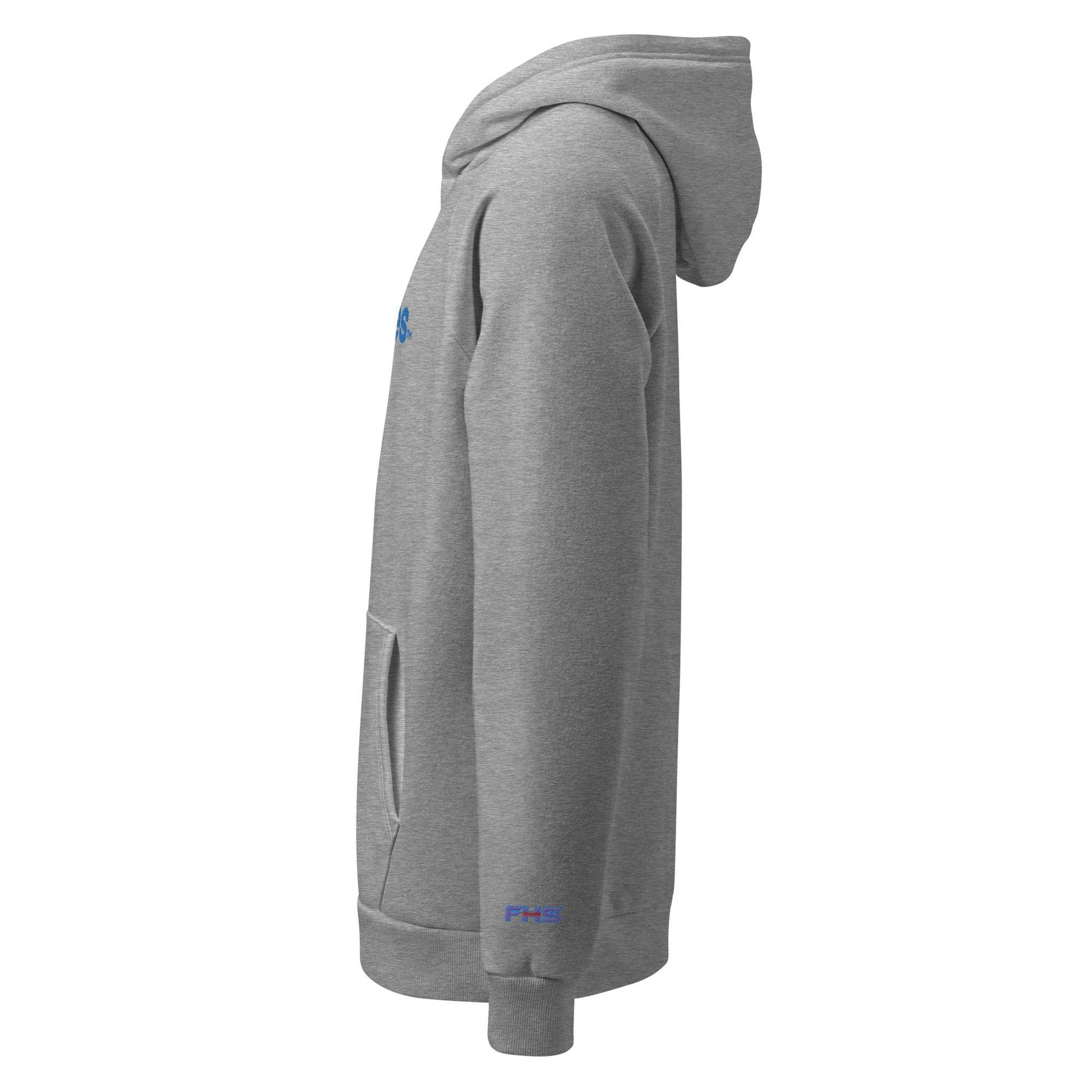 Side view of a gray Under Armour® hoodie, ideal for firefighters and casual wear, featuring a relaxed fit and front pouch pocket.