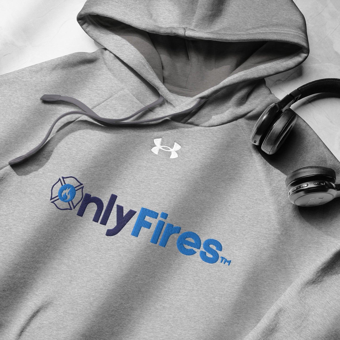 Gray Under Armour hoodie with OnlyFires logo, perfect for firefighter apparel and casual wear.