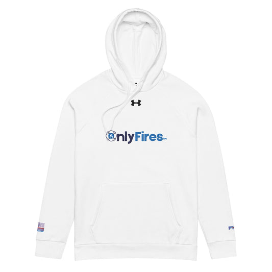 White Under Armour hoodie with "OnlyFires" logo, front pouch pocket, ideal for firefighter apparel and gifts.