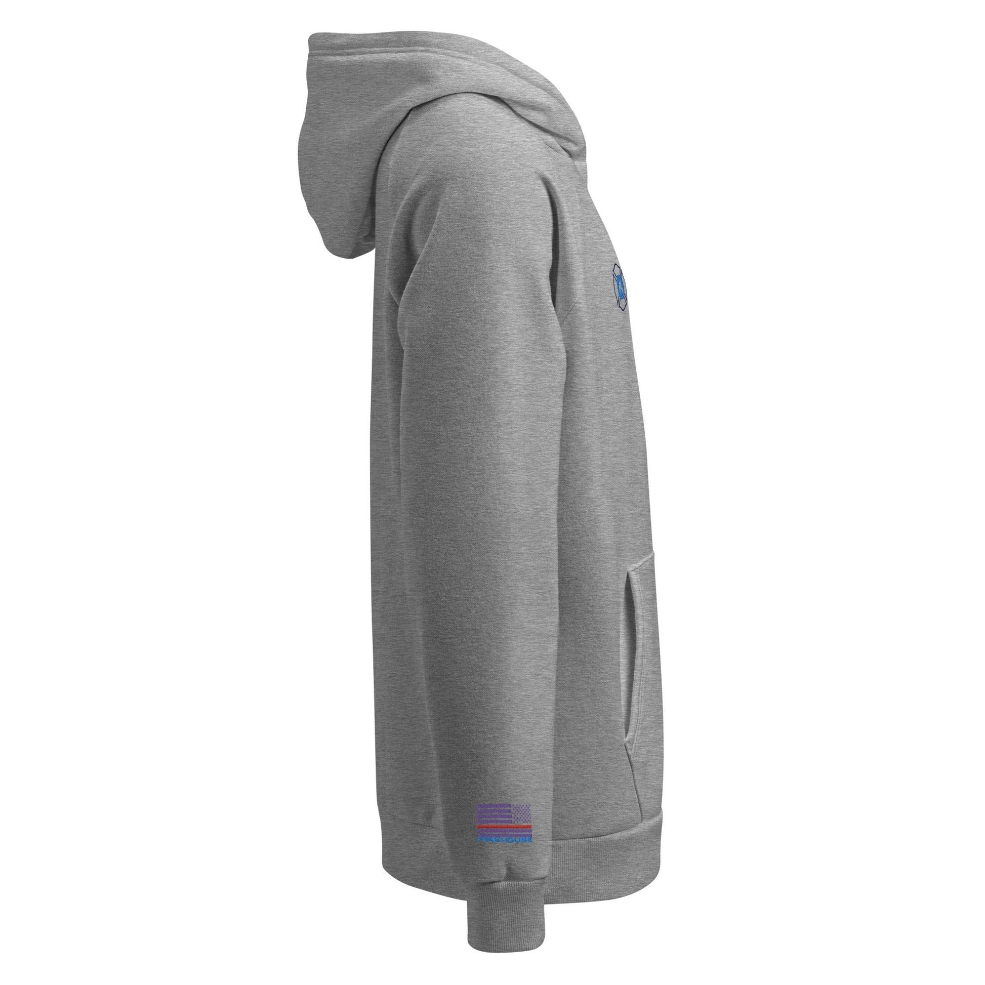 Side view of a gray Under Armour® fleece hoodie with front pouch pocket and embroidered logo, ideal for firefighter apparel.