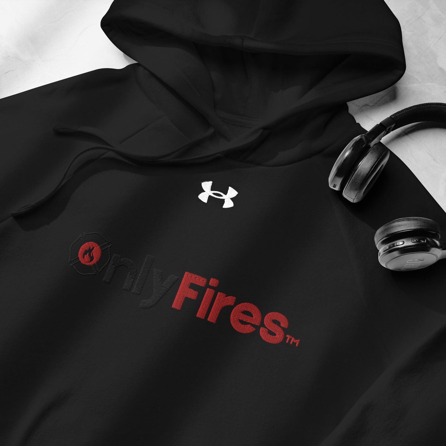 Black OnlyFires™️ hoodie featuring Under Armour® logo, ideal for firefighters and firehouse gifts.