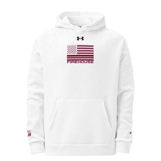 Under Armour white hoodie with Firehouse logo and American flag, ideal for firefighter apparel and gifts.