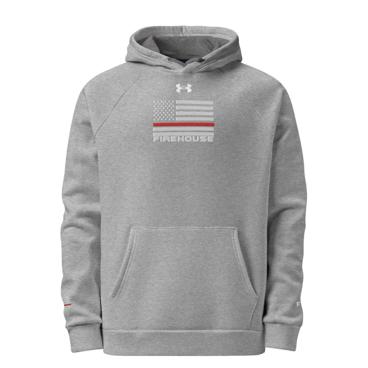 Under Armour® Fireproof Pullover Hoodie in grey with American flag and 'FIREHOUSE' print, perfect for firefighter apparel.