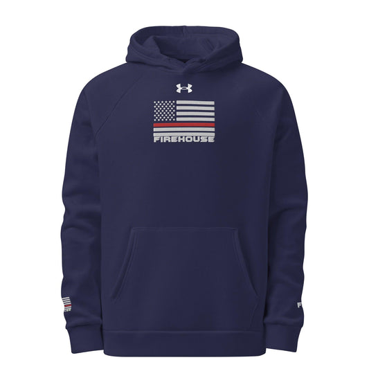 Under Armour® Fireproof Pullover Hoodie with Firehouse logo and American flag, ideal firefighter gear and gifts.