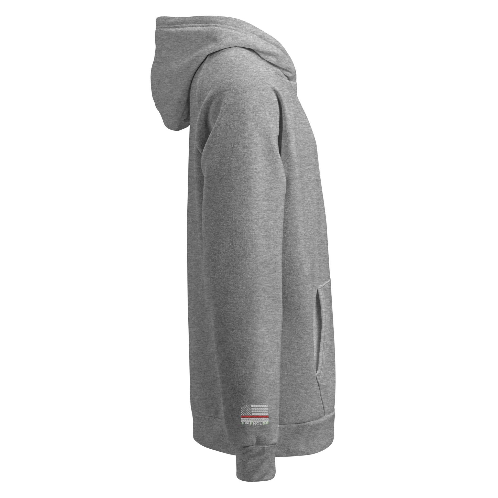 Side view of Under Armour® fireproof pullover hoodie in gray, perfect for firefighters and firehouse supporters.