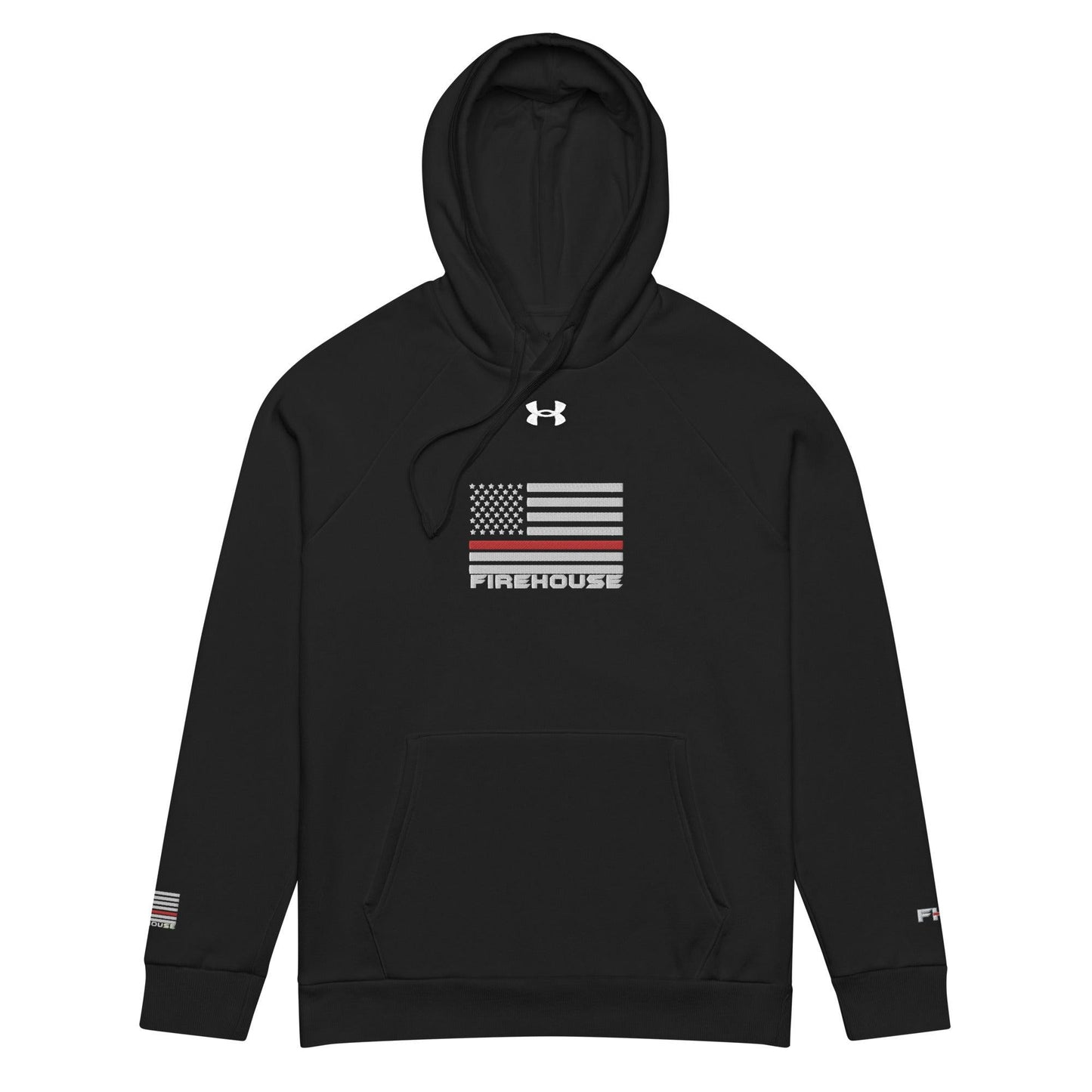 Under Armour® black hoodie featuring American flag design and "FIREHOUSE" lettering, ideal for firefighter apparel and gifts.