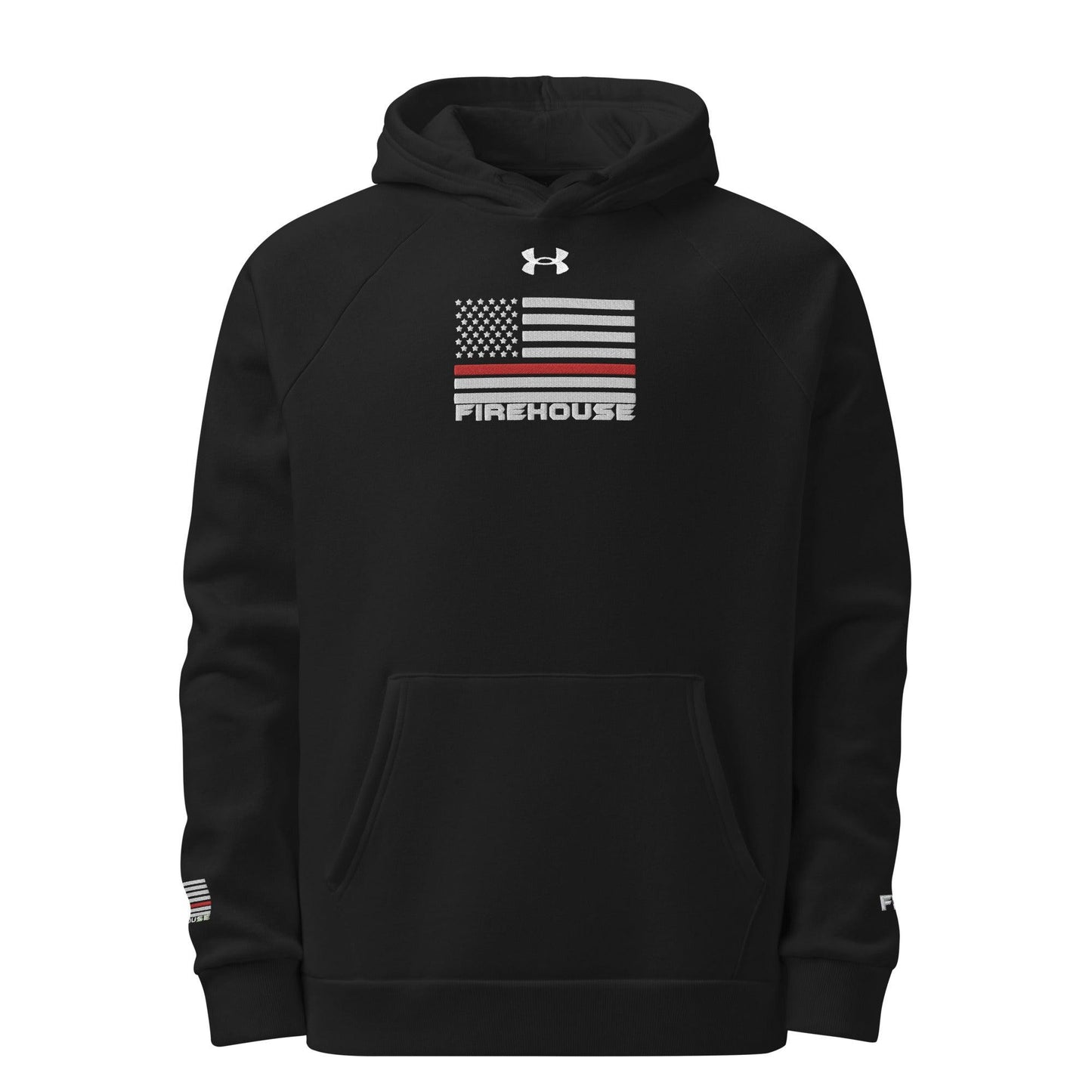 Black Under Armour® hoodie featuring US flag design and "FIREHOUSE" logo, perfect for firefighter apparel and gifts.