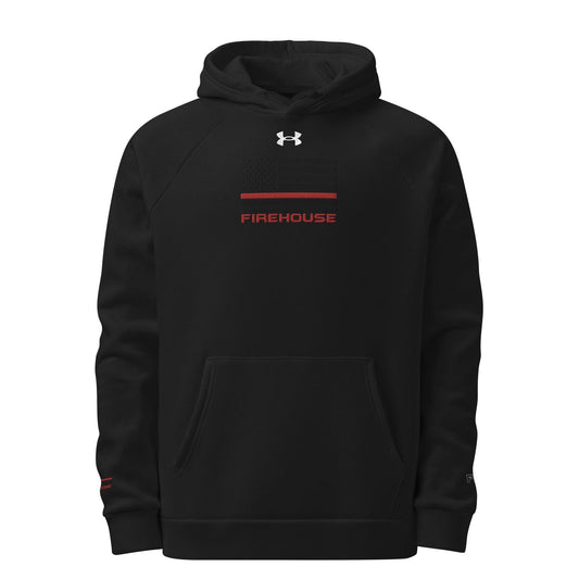 Black Under Armour® hoodie with "FIREHOUSE" lettering, ideal for firefighter apparel and gifts. Perfect for comfort and warmth.