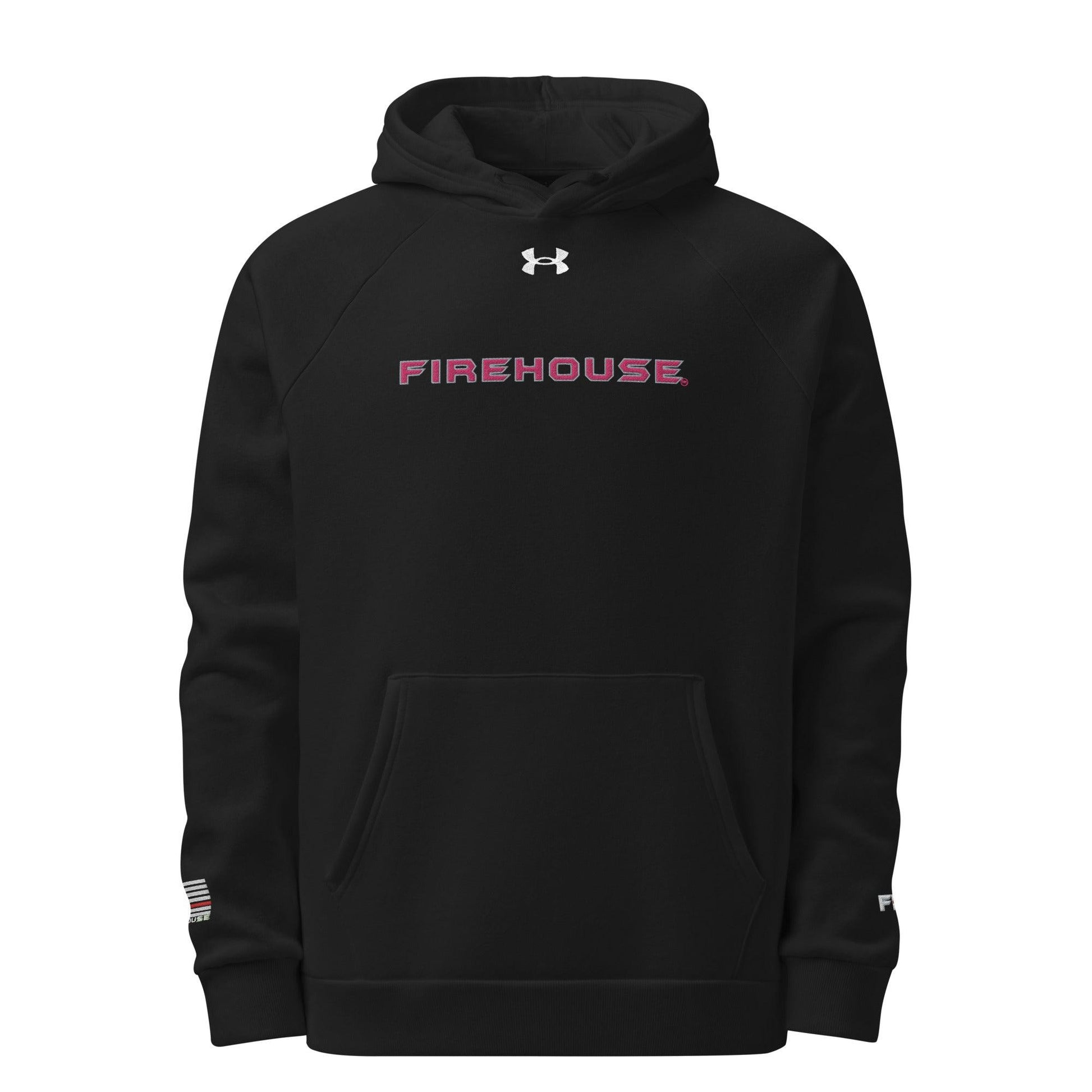 Firehouse Store branded black pullover hoodie, perfect for firefighters and supporters, featuring comfortable design and quality materials.