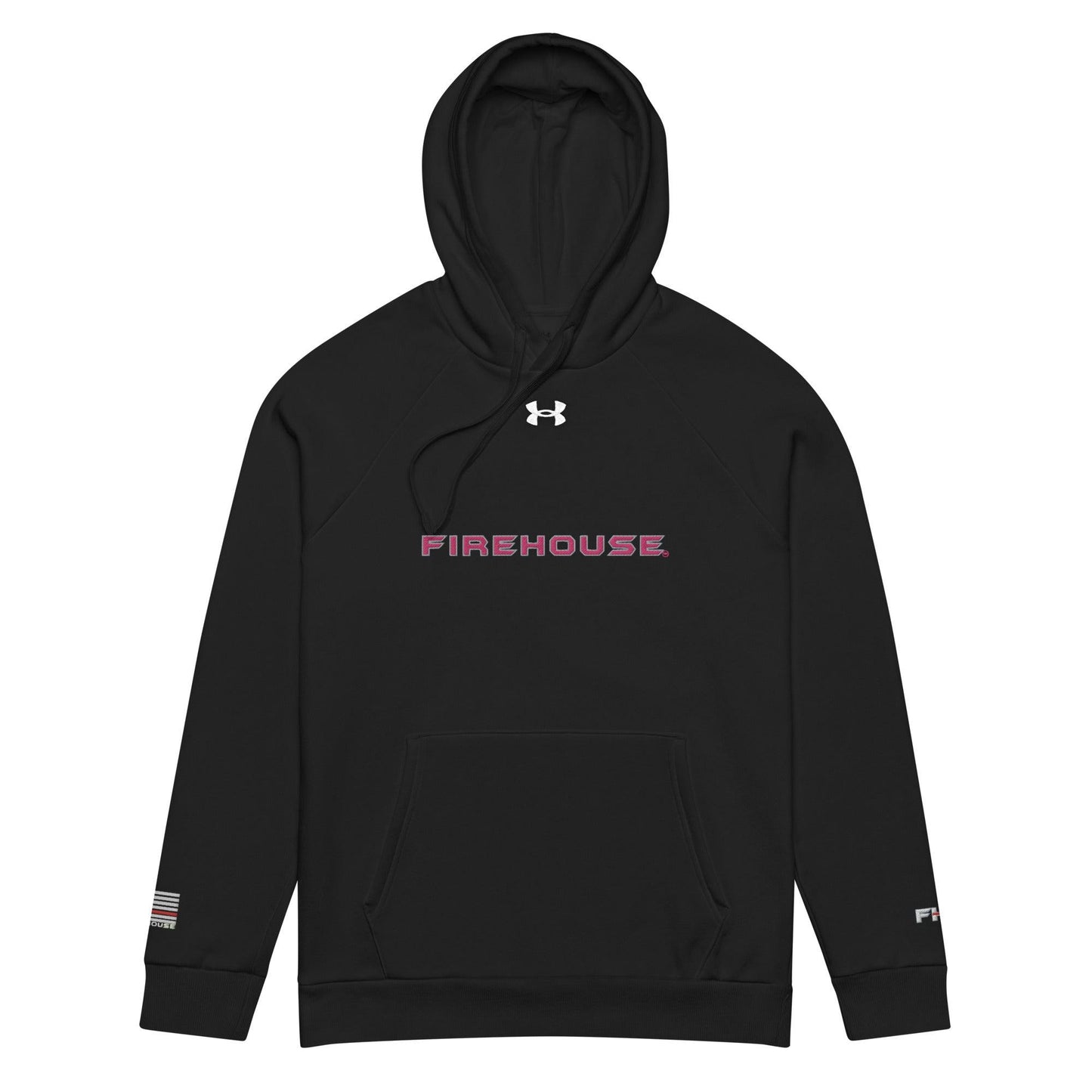 Black Under Armour hoodie featuring "FIREHOUSE" print, ideal for firefighters and fans of firehouse apparel.