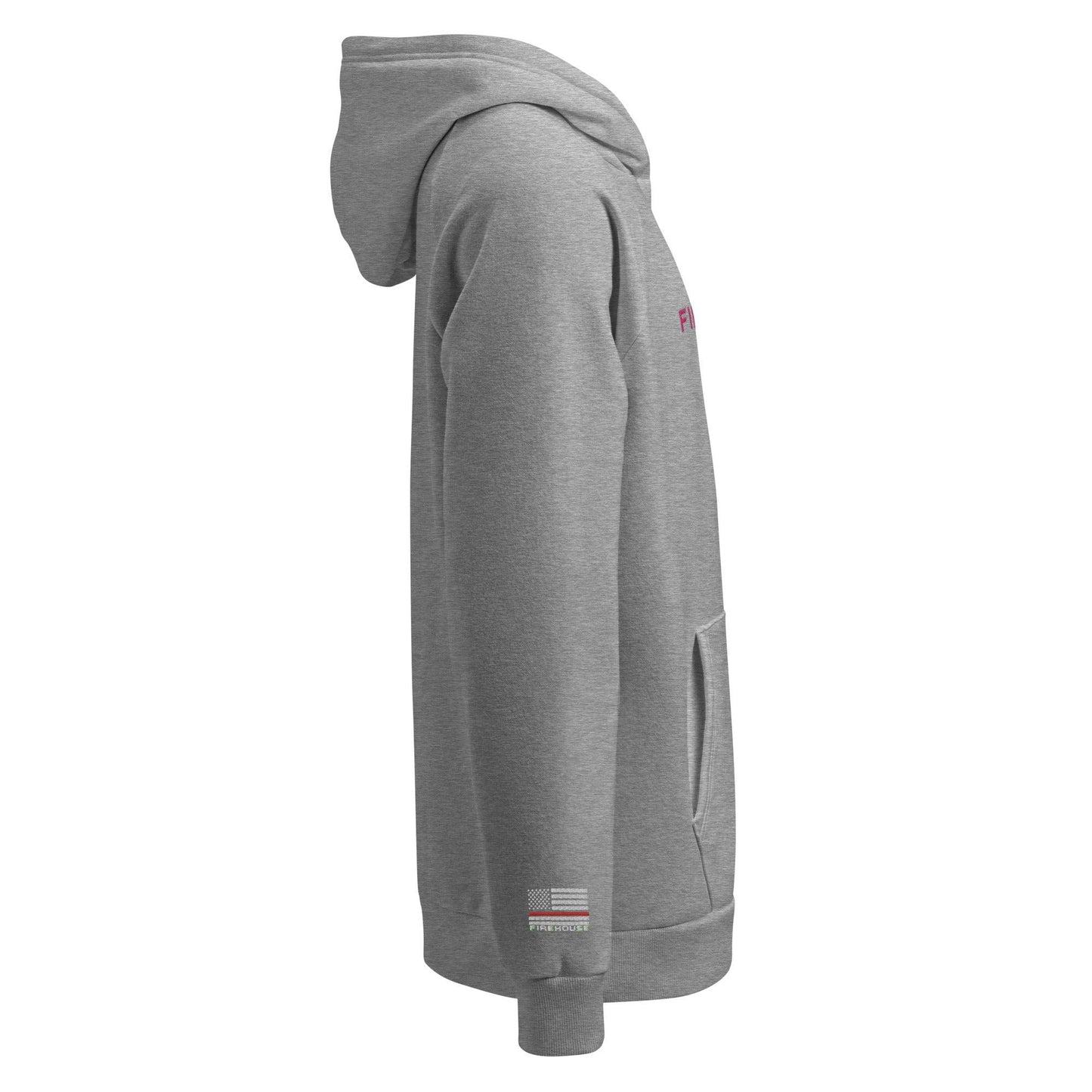 Side view of a gray Under Armour pullover hoodie, perfect for firefighters and firehouse gifts, showcasing premium comfort and style.