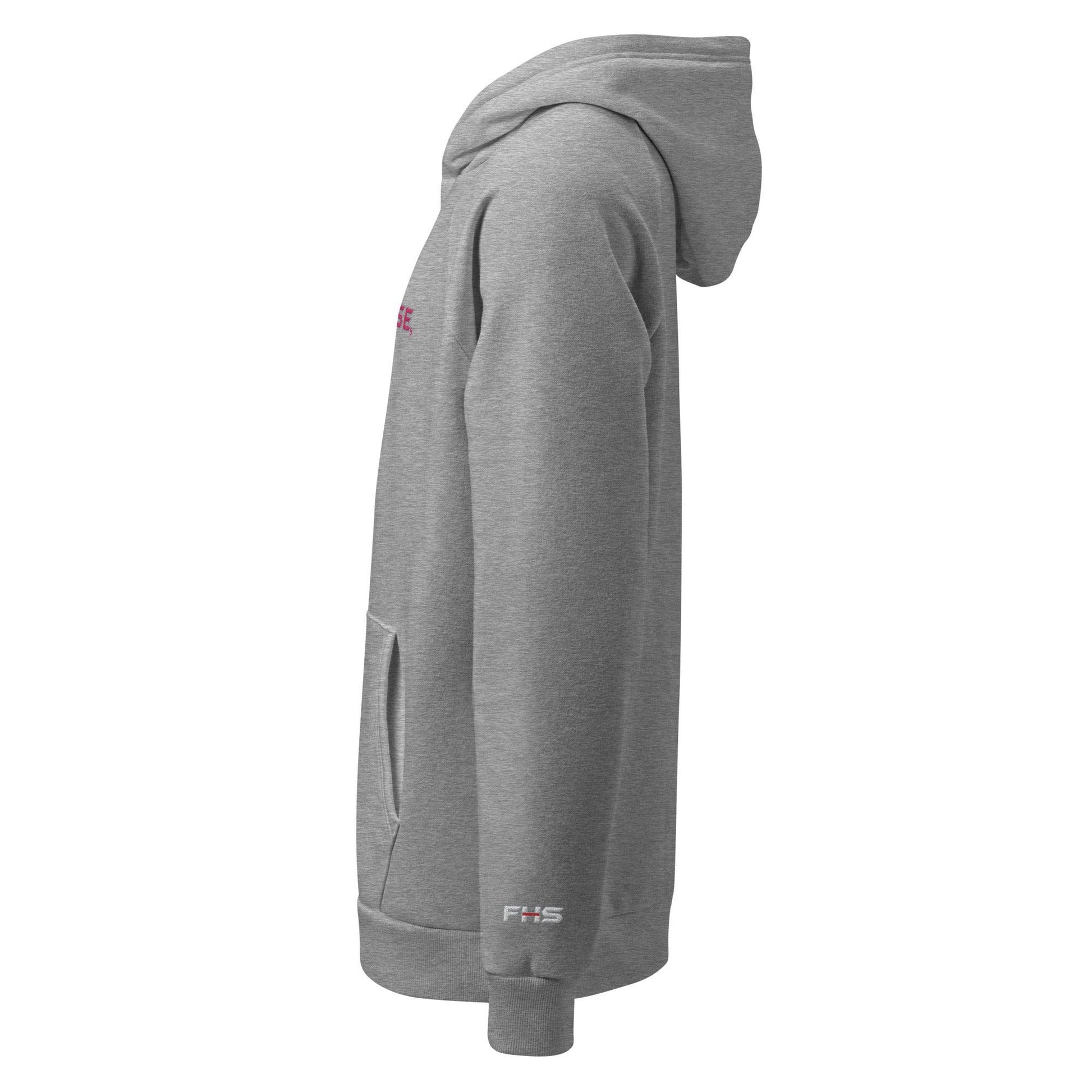 Side view of Firehouse Store branded pullover hoodie in grey, perfect for firefighters and casual wear.