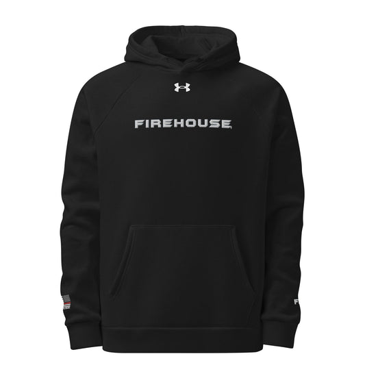 Black Under Armour hoodie featuring 'FIREHOUSE' embroidery, ideal firefighter apparel and gear for firehouse supporters.