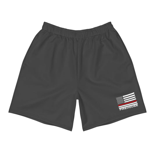 Firehouse unisex firefighter athletic long shorts in charcoal with USA flag design. Perfect for sports and active wear.