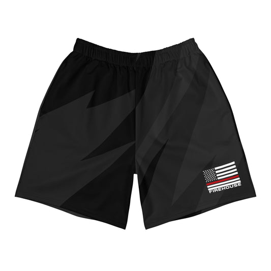 Firehouse unisex firefighter athletic long shorts in classic black with smoke accents and American flag design.