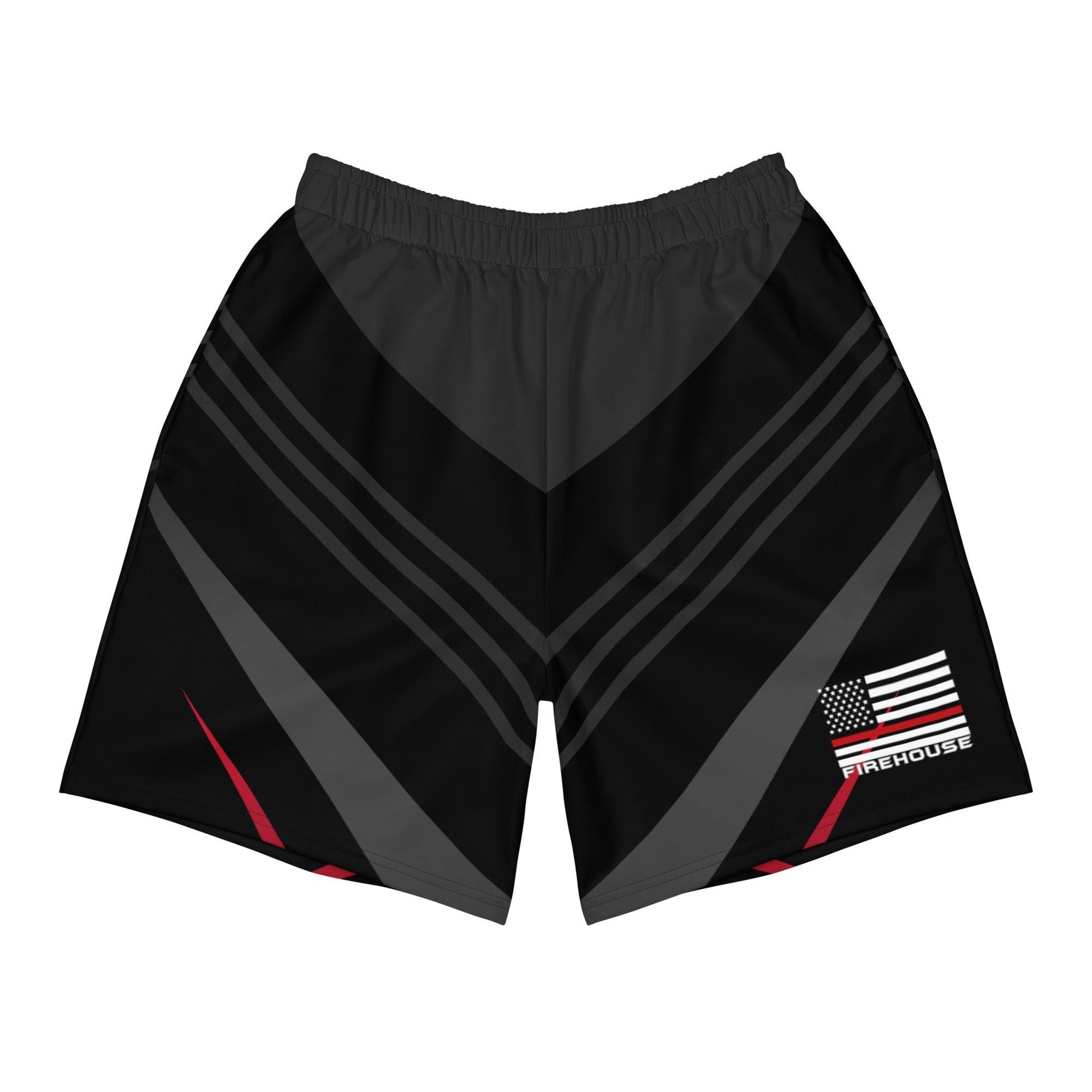 Firehouse unisex firefighter athletic long shorts in classic black and red design with American flag.