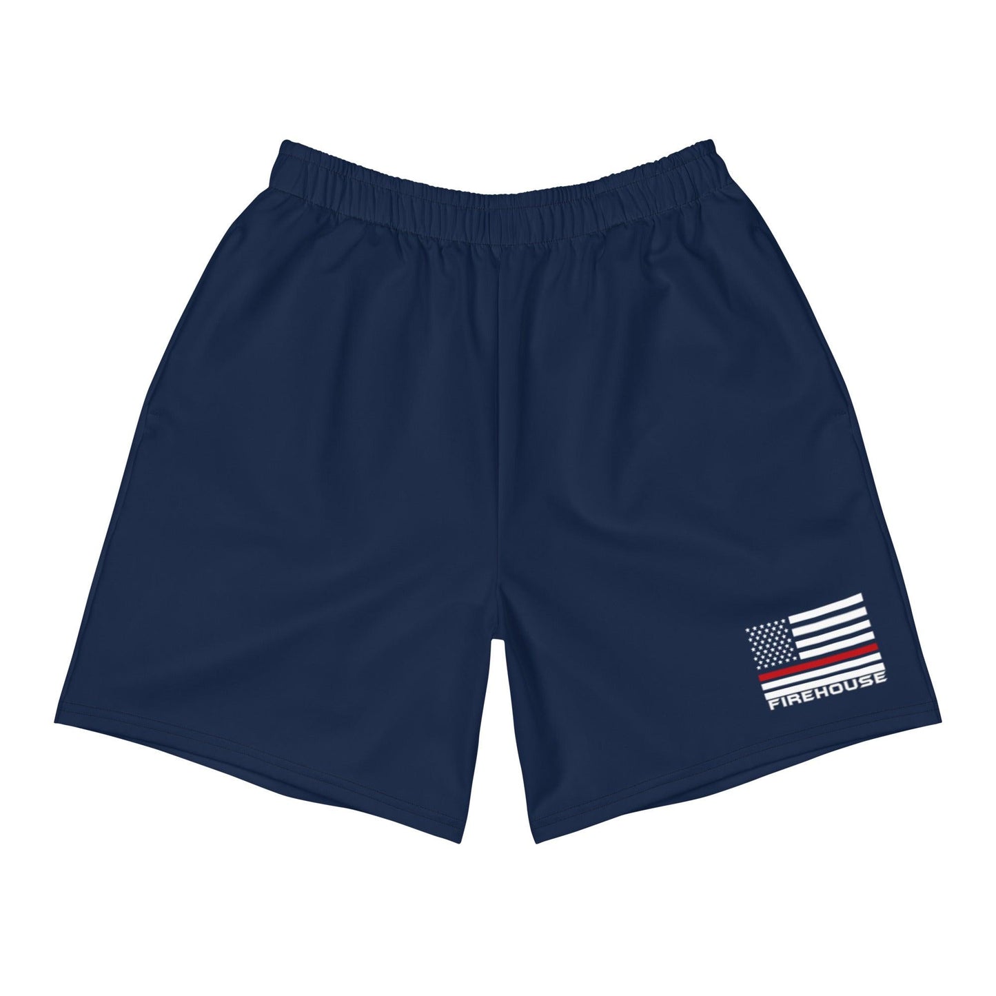 Firehouse unisex firefighter athletic long shorts in classic navy blue with American flag design.