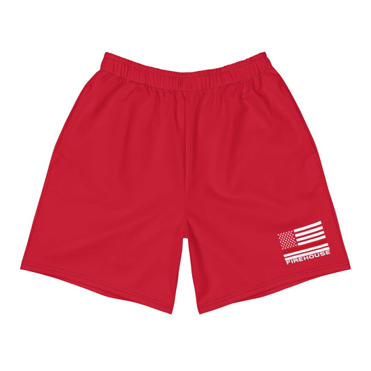 Firehouse unisex firefighter athletic long shorts in fire engine red with American flag design. Ideal for active wear.