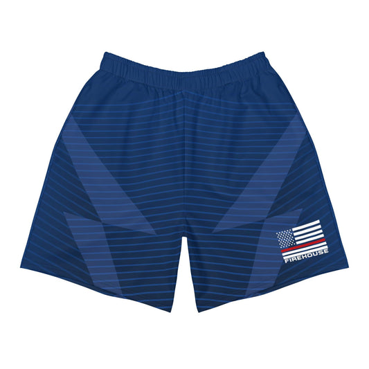 Navy blue firefighter athletic long shorts with stripes and Firehouse logo, perfect for active wear and workouts.