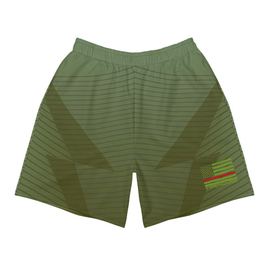 Firehouse unisex firefighter athletic long shorts in OD green with striped design and flag patch for active wear.